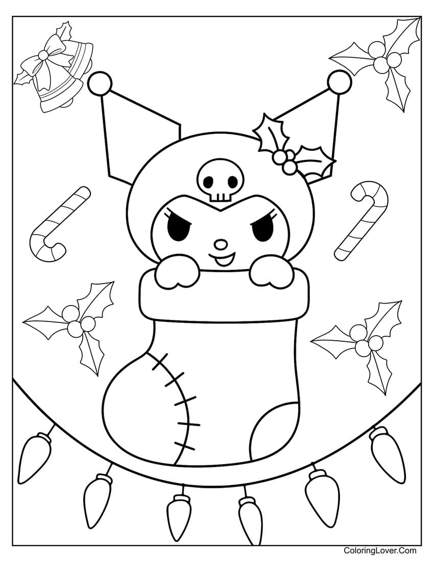 Kuromi inside Christmas stocking with lights coloring page