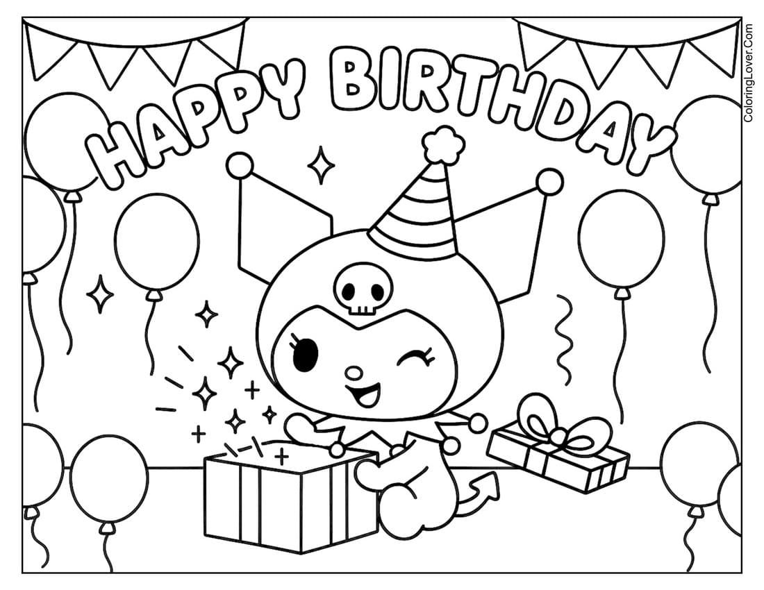 Kuromi opening birthday presents with balloons coloring page