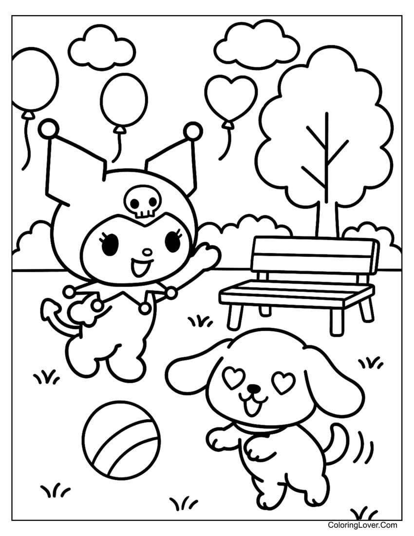 Kuromi playing with puppy in sunny park coloring page