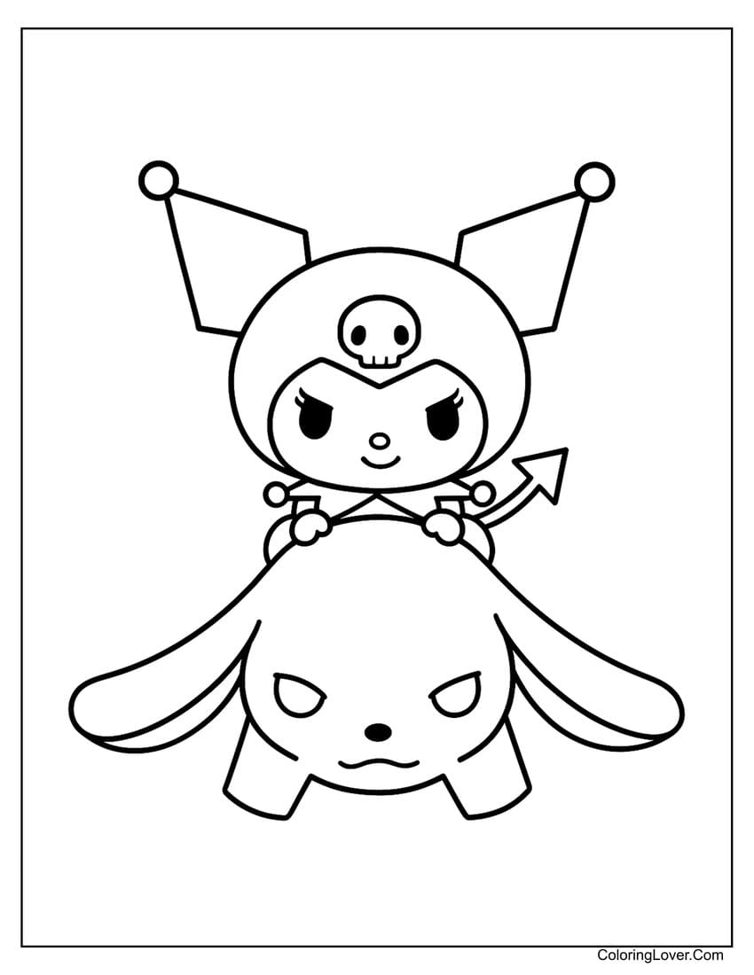 Kuromi riding Badtz Maru playfully coloring page