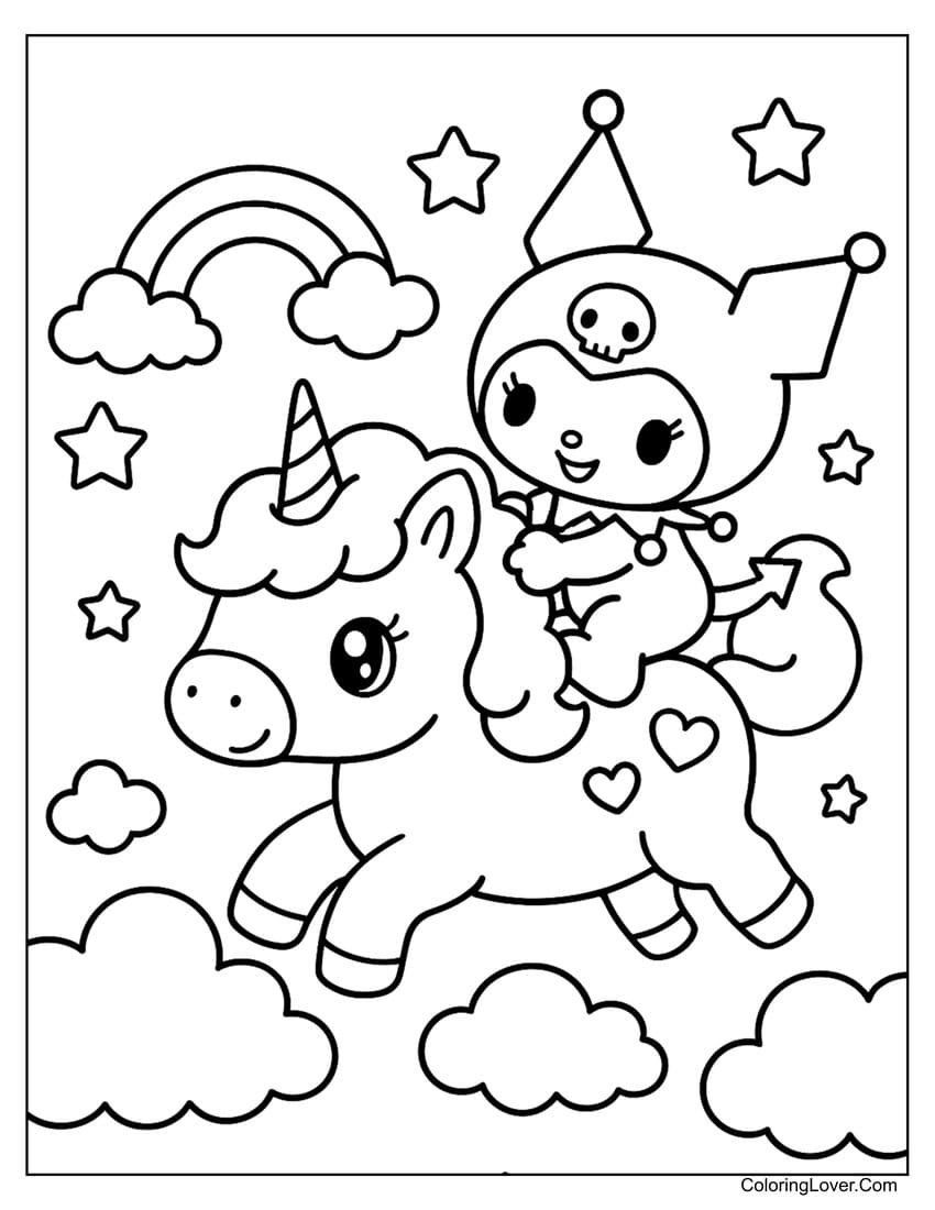 Kuromi riding unicorn in rainbow sky coloring page