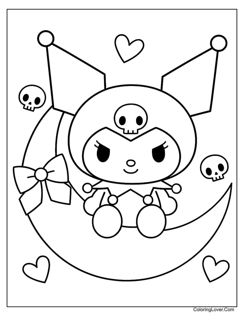 Kuromi sitting on moon with hearts coloring page