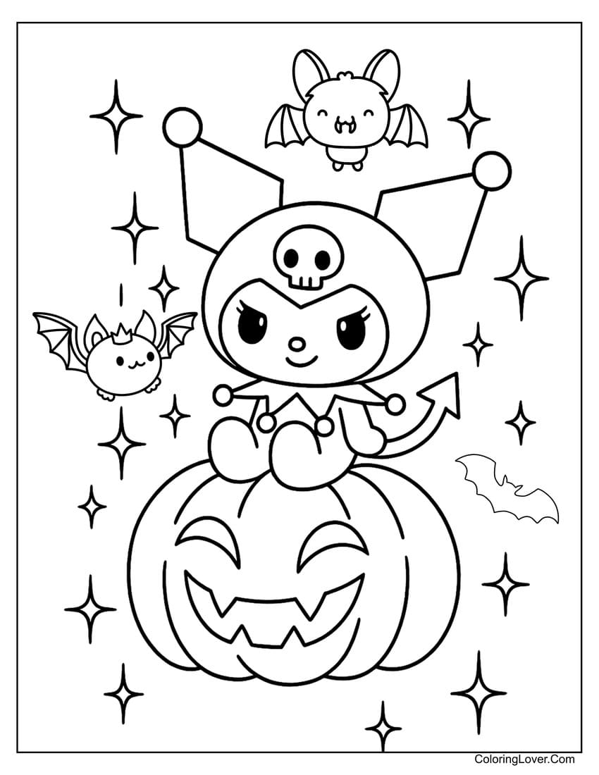 Kuromi sitting on pumpkin with bats coloring page (Halloween)