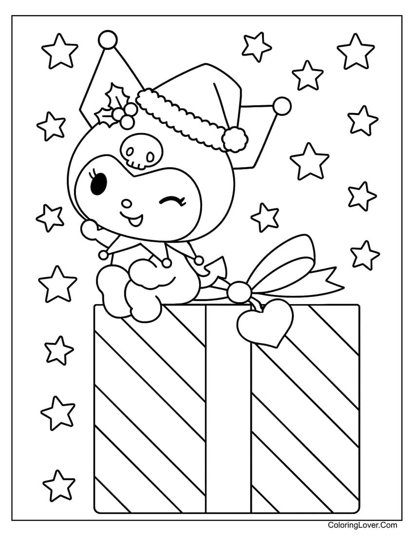 Kuromi sitting on wrapped gift smiling coloring page