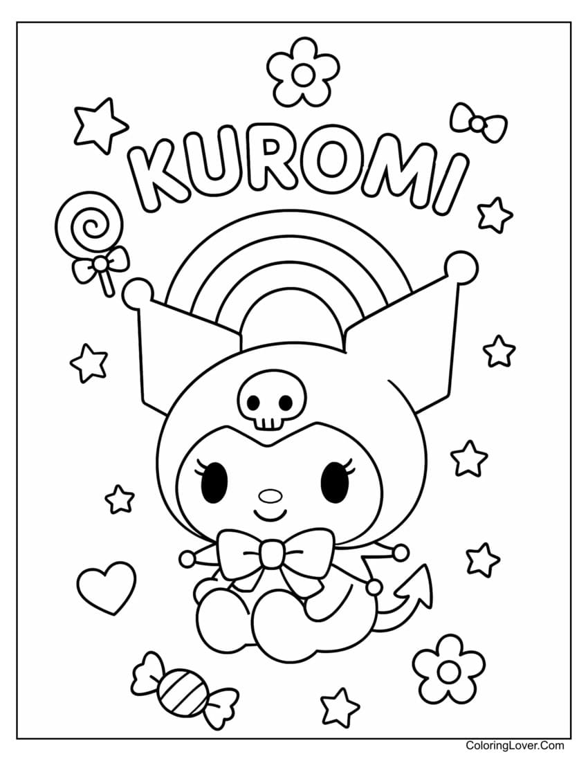 Kuromi sitting under rainbow with candies coloring page