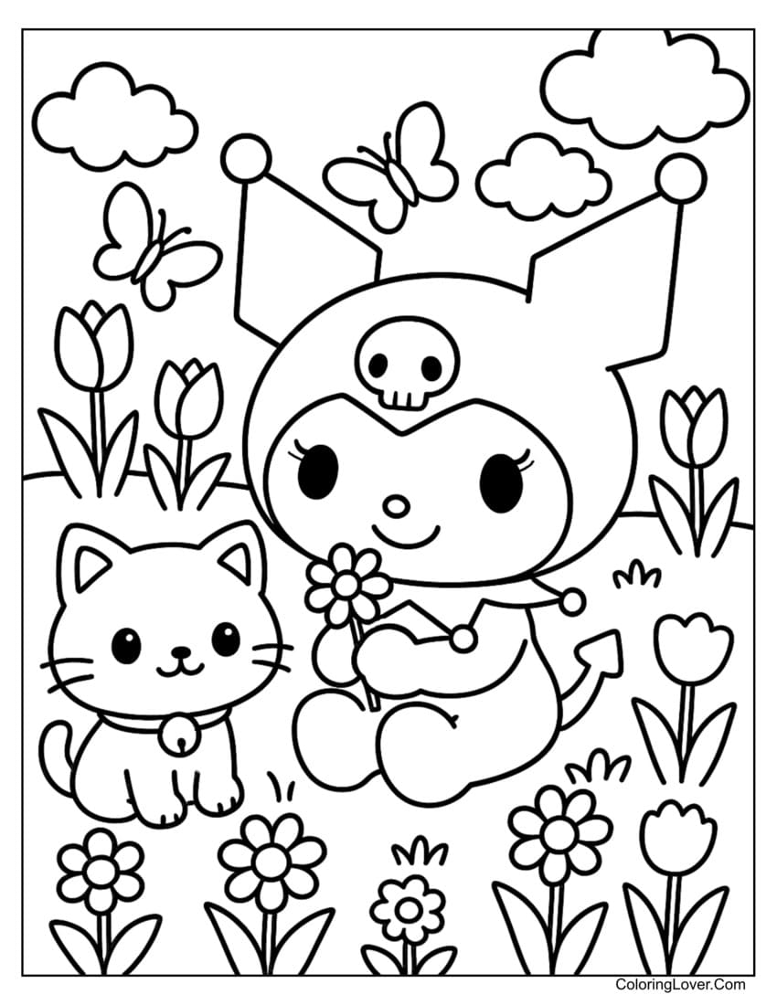Kuromi sitting with kitten in tulip garden coloring page