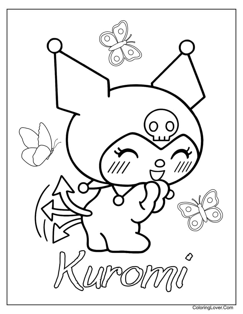 Kuromi smiling with butterflies coloring page