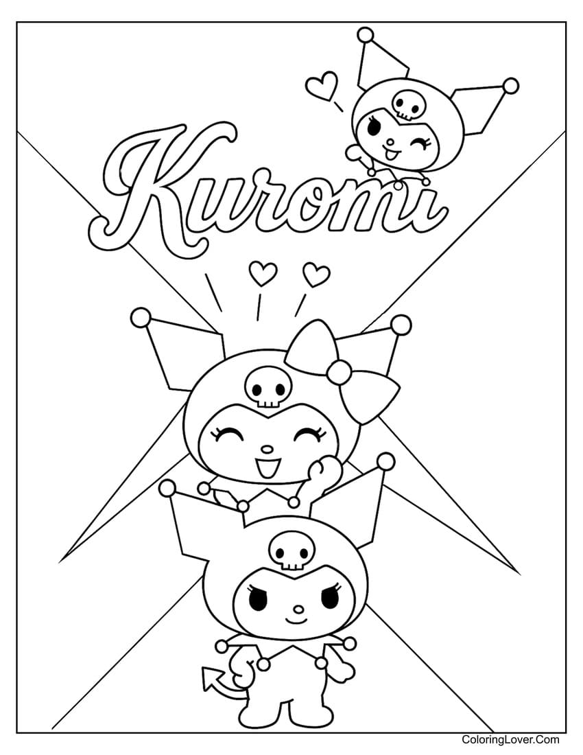 Kuromi trio with hearts and stars coloring page