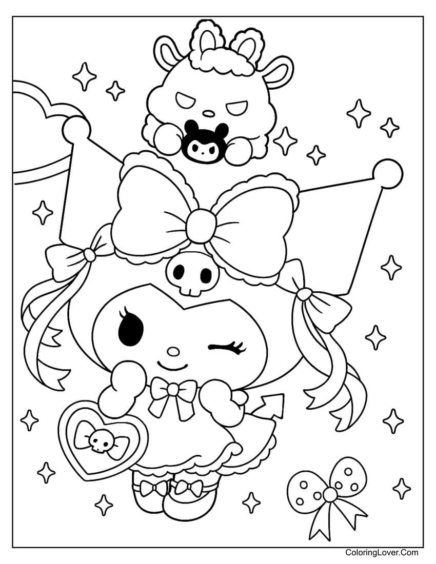Kuromi winking with plush toy coloring page