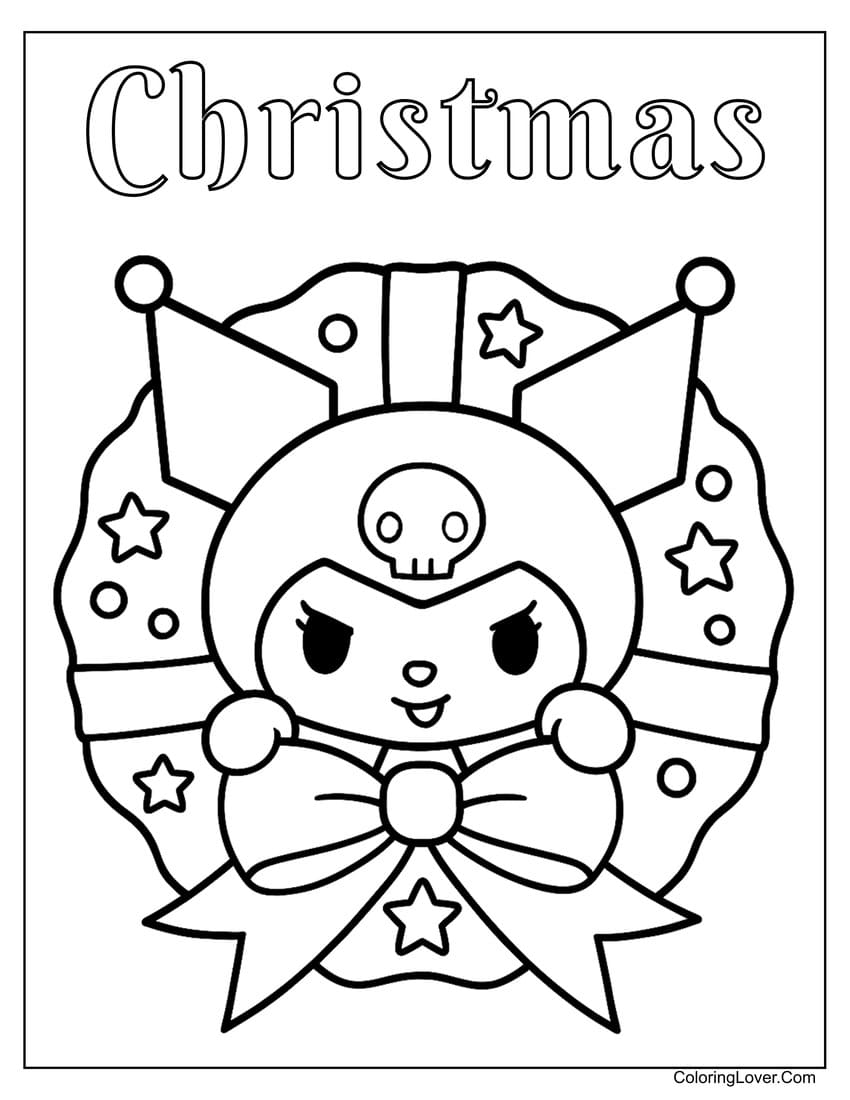 Kuromi with Christmas wreath and bow coloring page