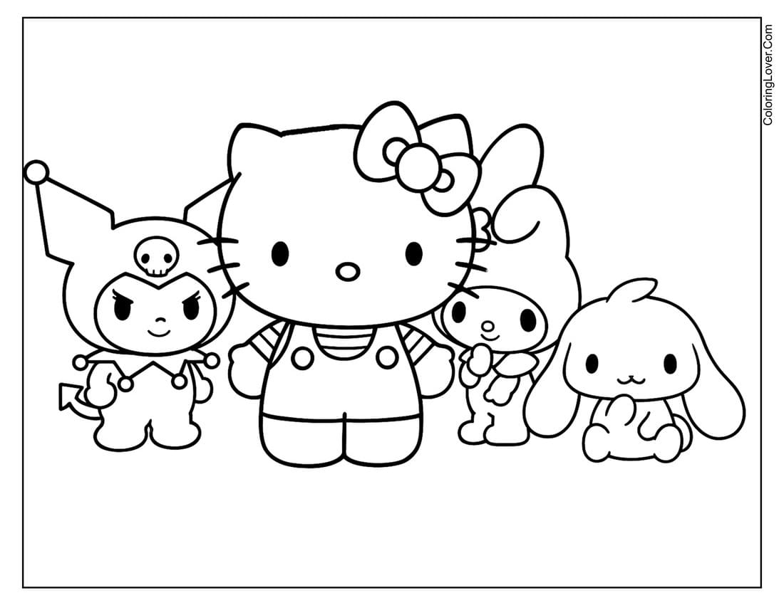 Kuromi with Hello Kitty and Cinnamoroll coloring page