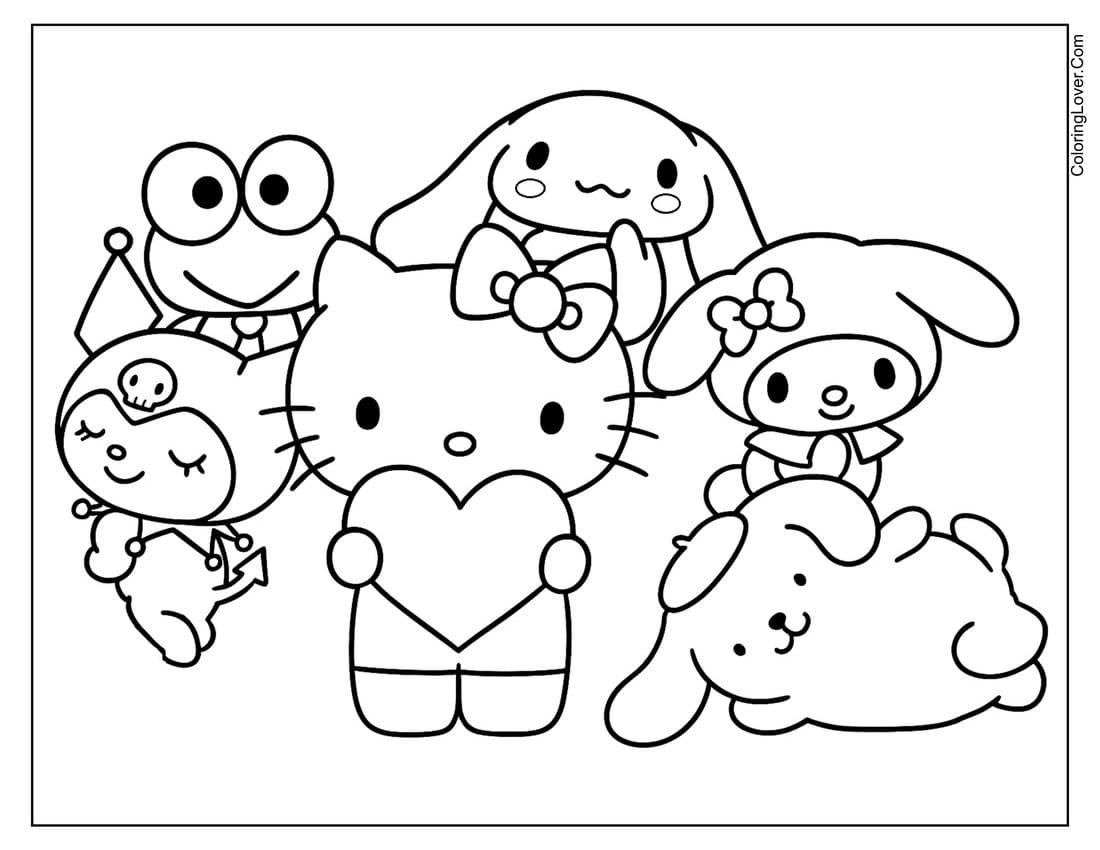 Kuromi with Hello Kitty and Sanrio friends coloring page