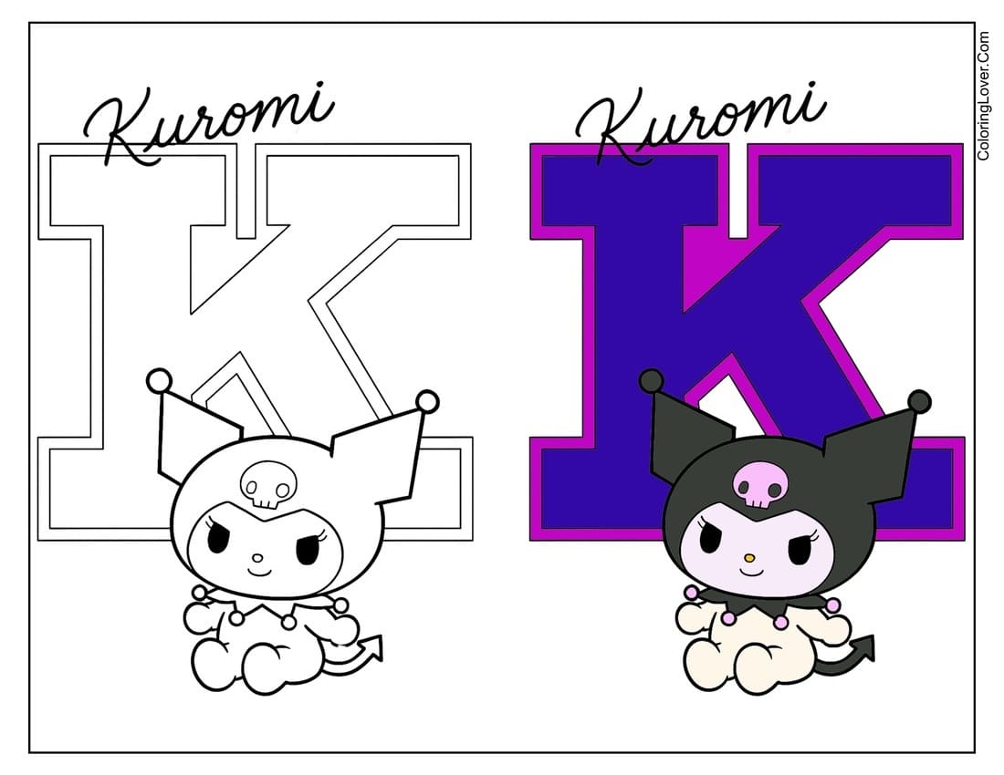 Kuromi with letter K coloring page and colored version