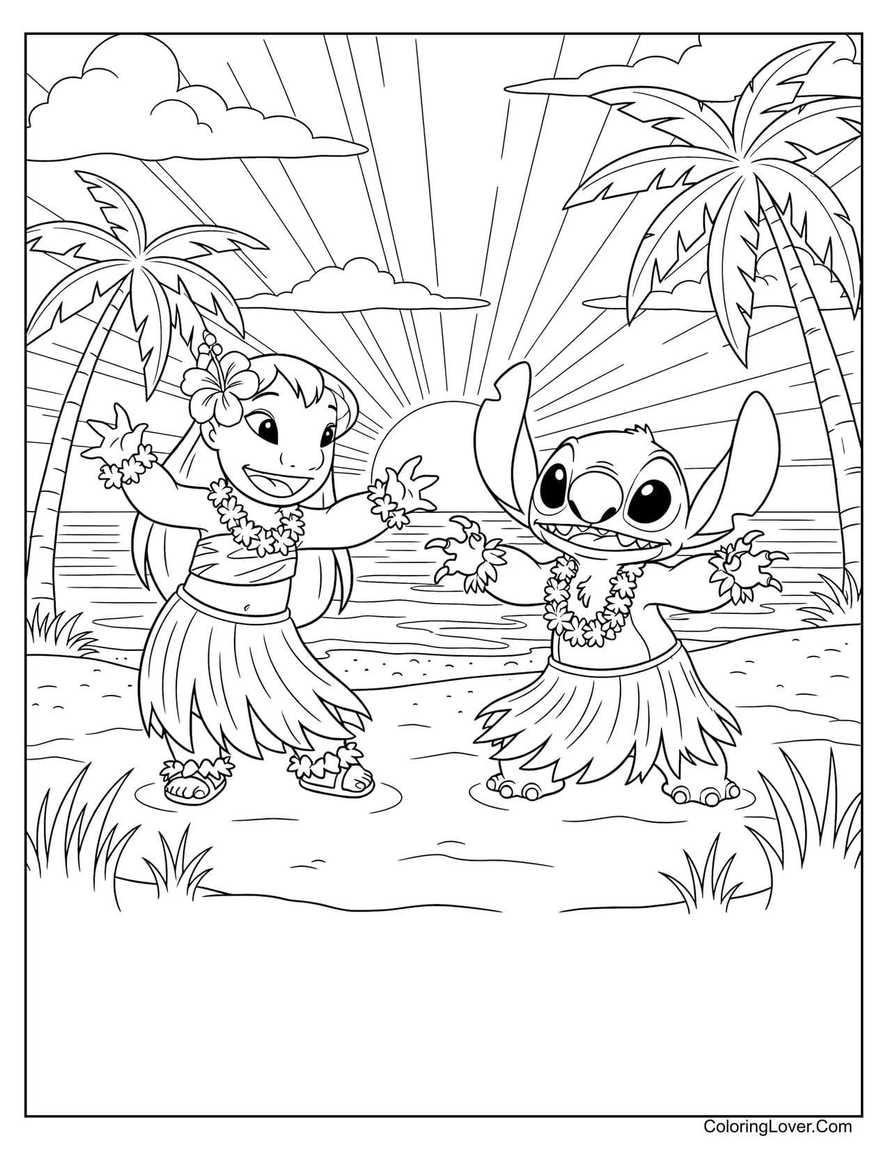 Lilo and Stitch dancing hula under sunset sky coloring page