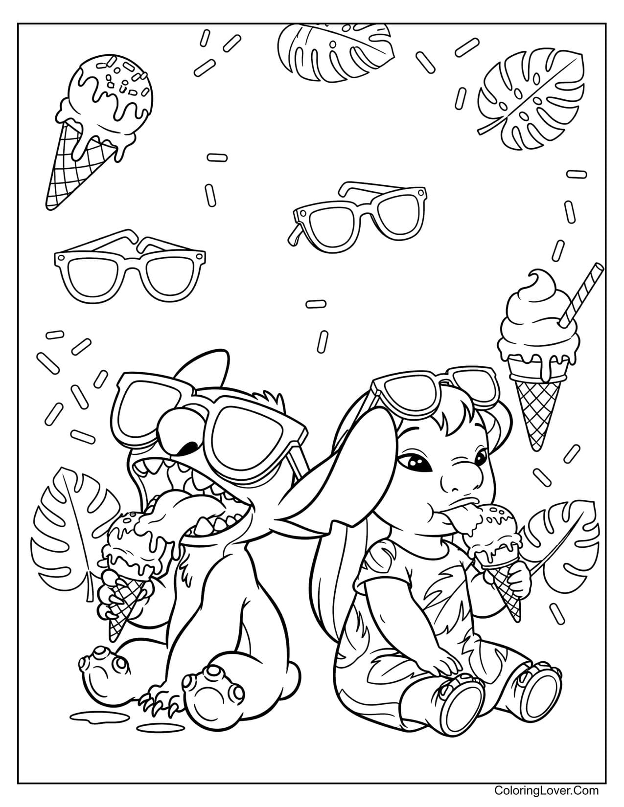 Lilo and Stitch eating ice cream with summer icons coloring page