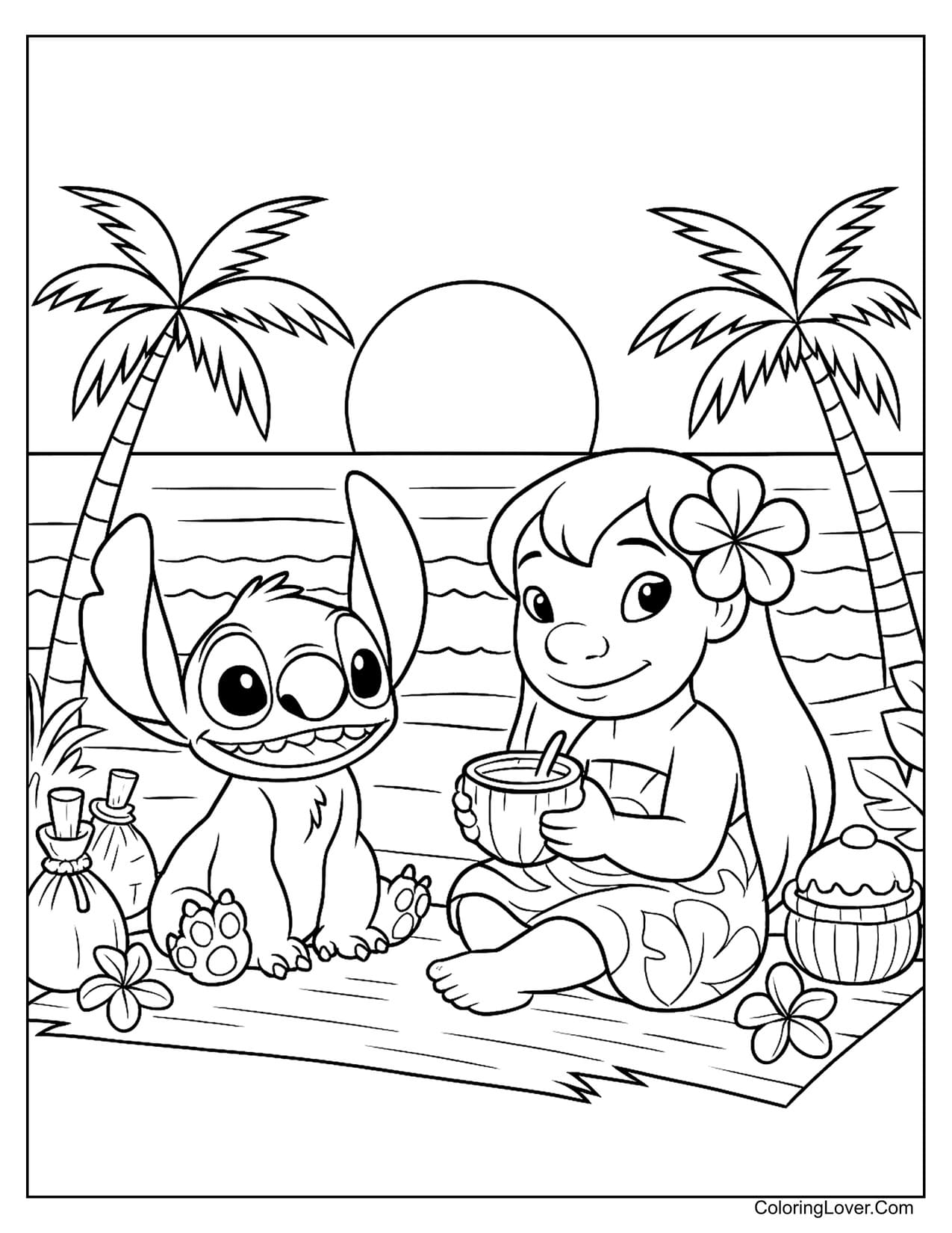 Lilo and Stitch enjoying snacks during beach sunset coloring page