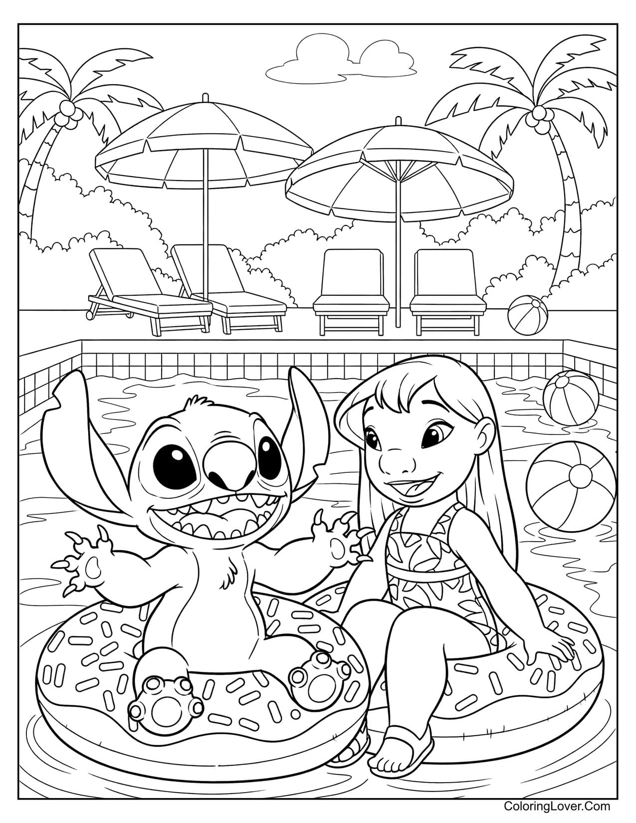 Lilo and Stitch floating in pool on donuts coloring page