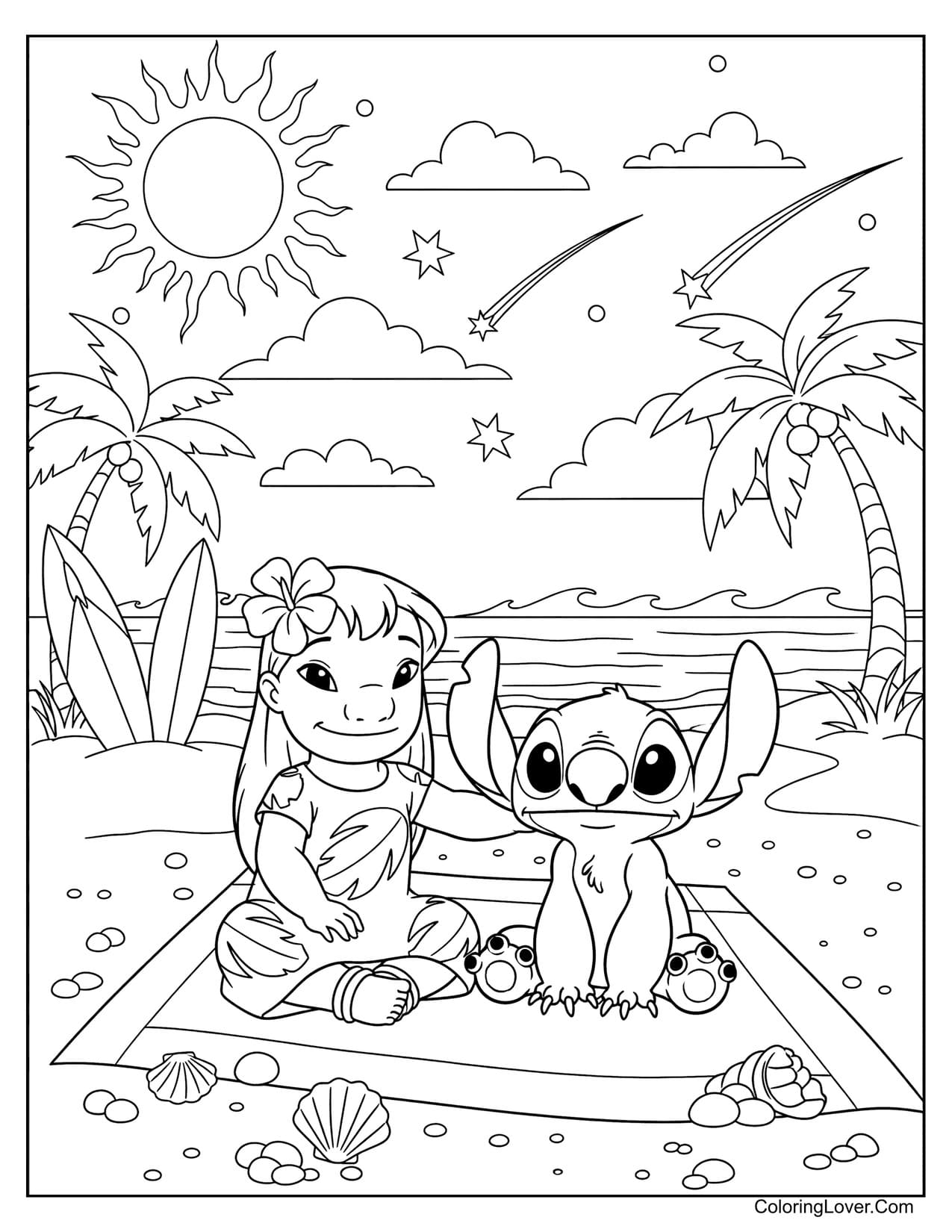 Lilo and Stitch relaxing on beach with sunshine coloring page