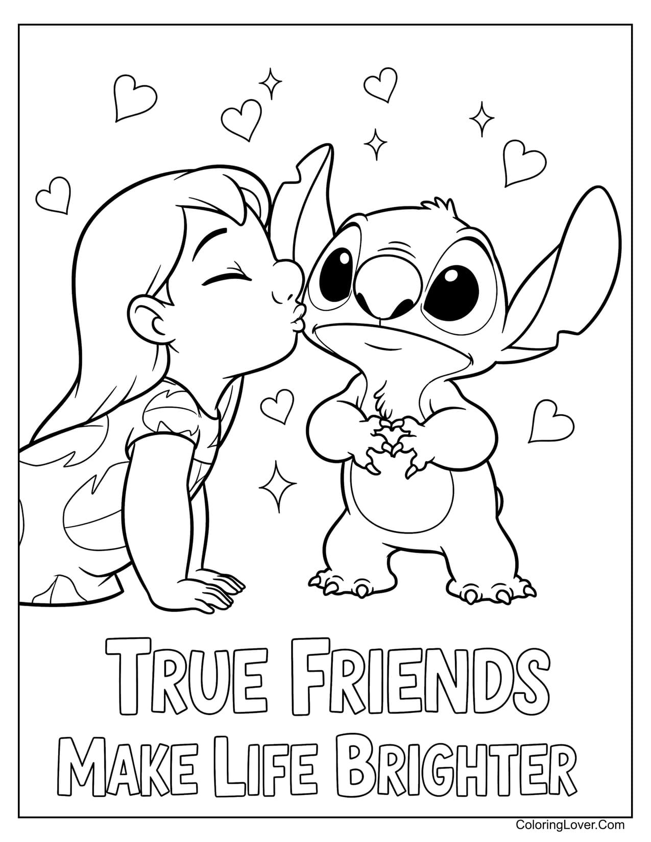 Lilo kissing Stitch with sparkles and hearts coloring page