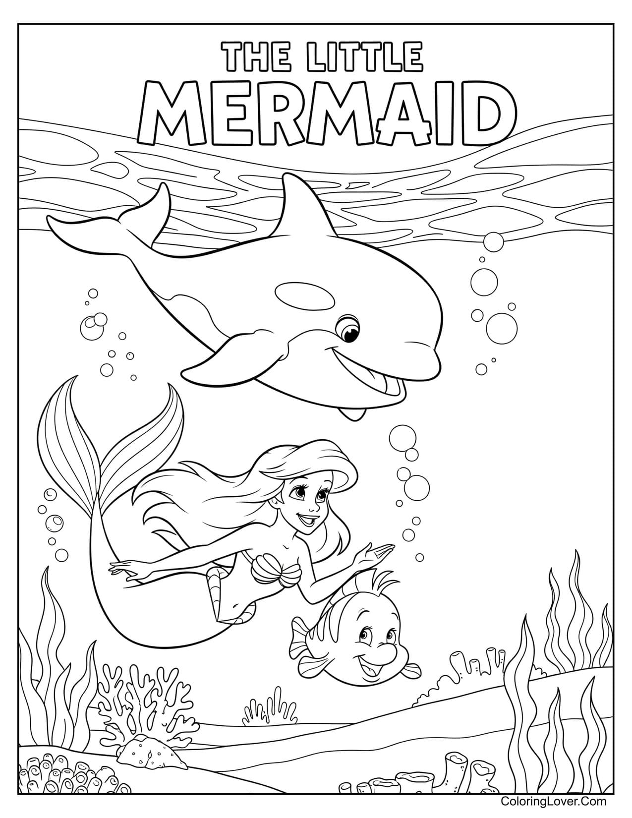 Little Mermaid, Flounder, and dolphin swimming near coral coloring page