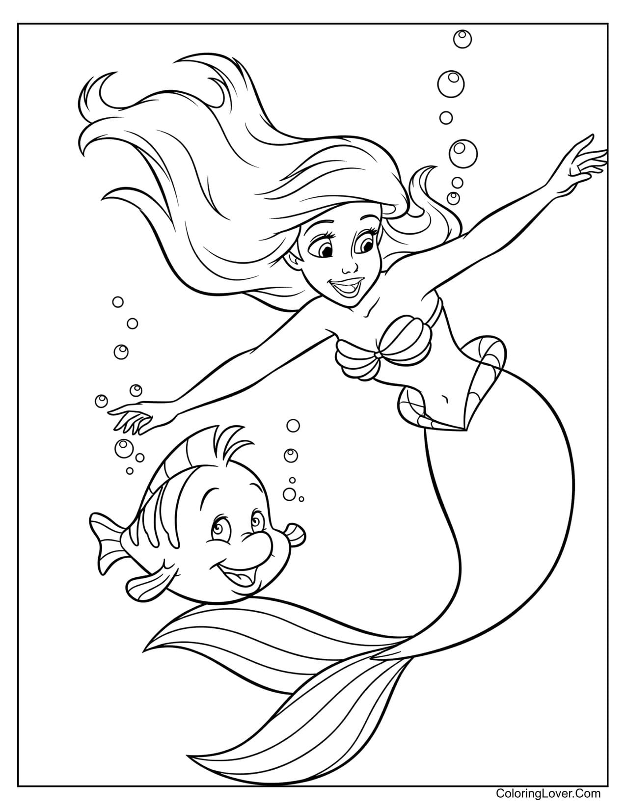Little Mermaid playing underwater with Flounder coloring page