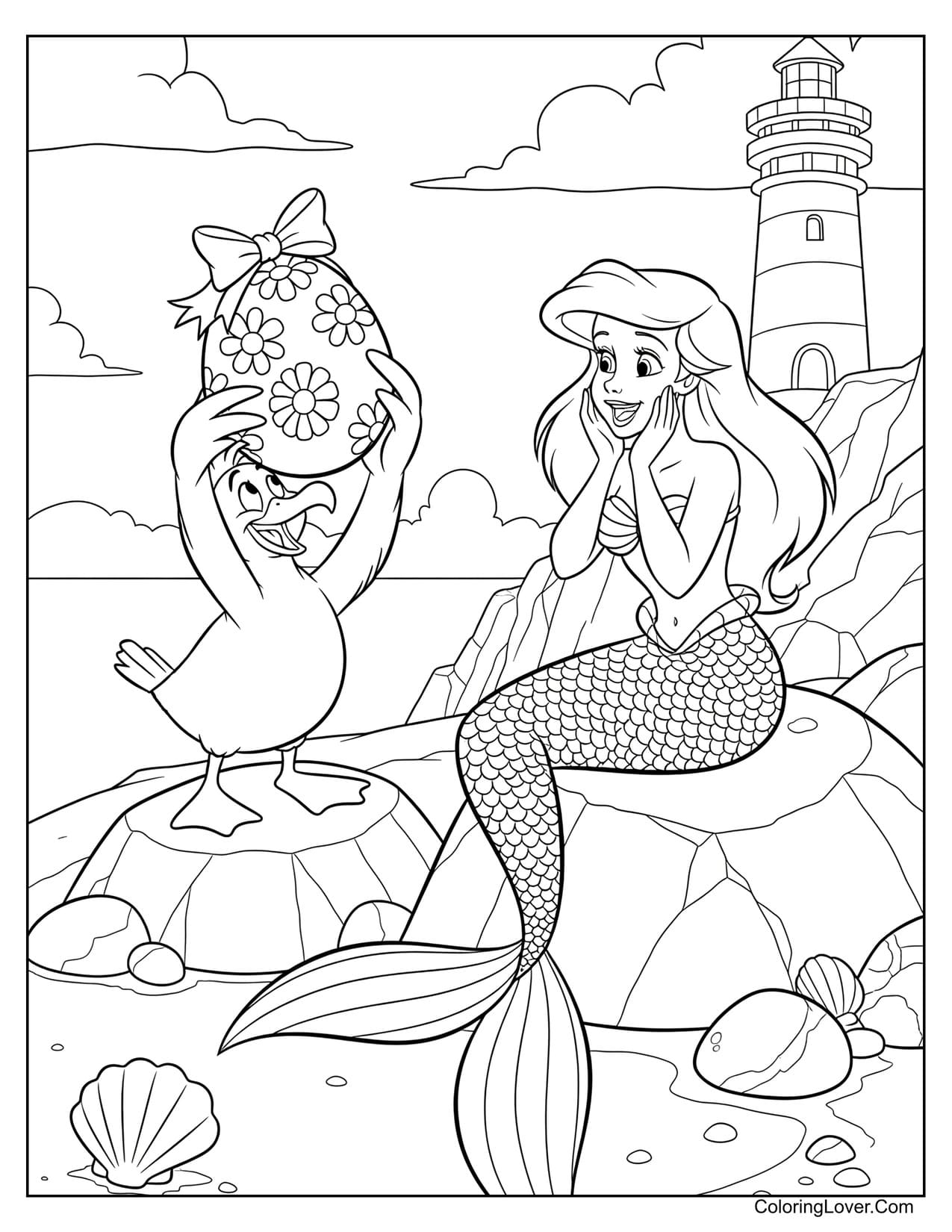 Little Mermaid receiving flower-patterned egg from Scuttle coloring page