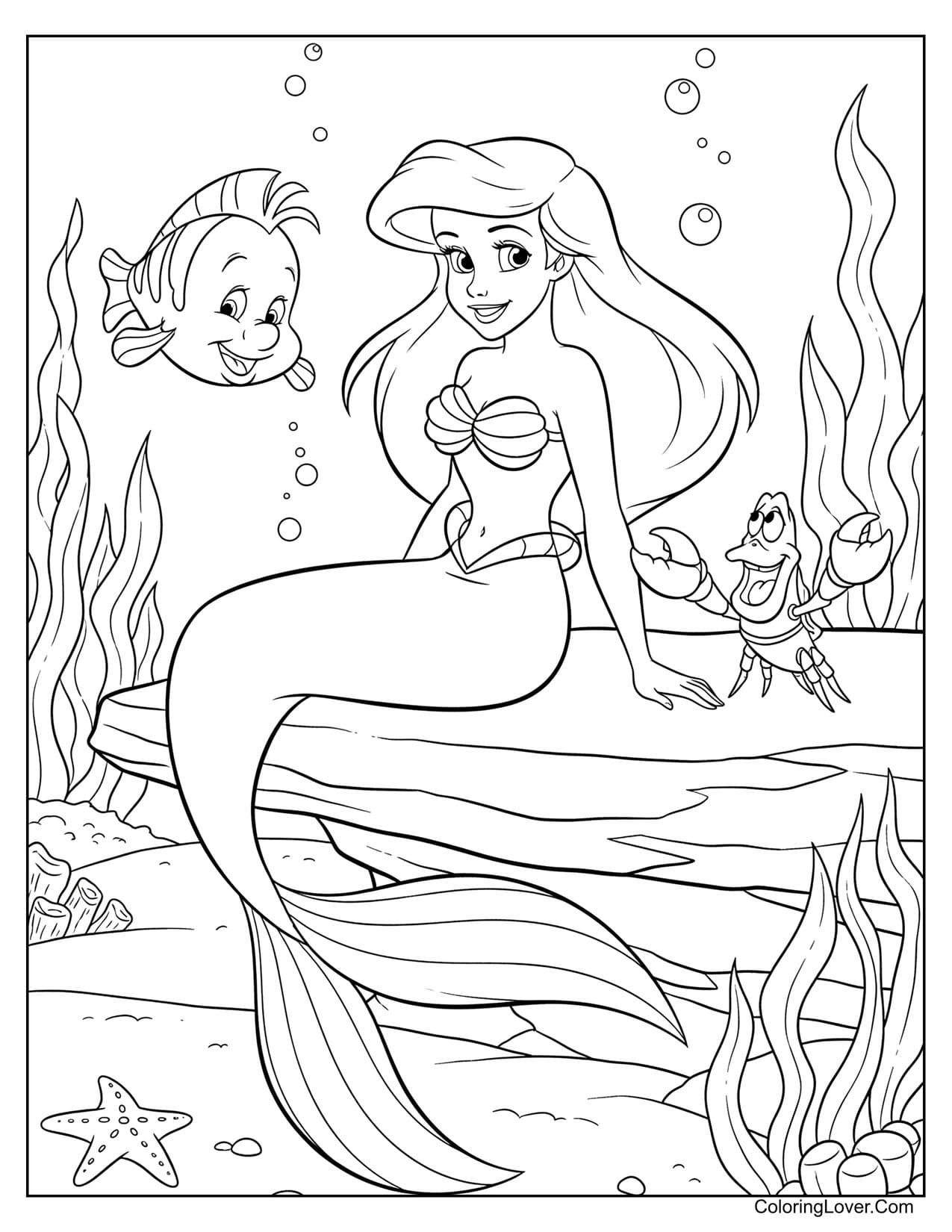 Little Mermaid sitting on rock with Flounder and Sebastian underwater coloring page