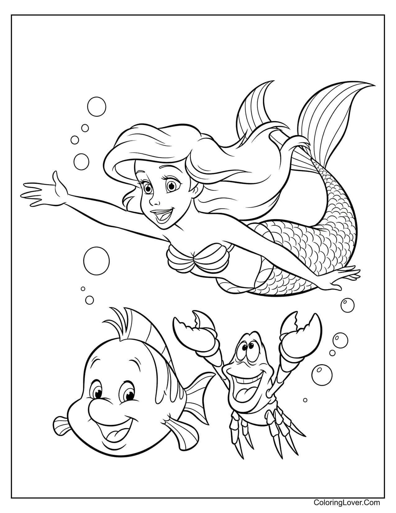 Little Mermaid swimming with Flounder and Sebastian underwater coloring page