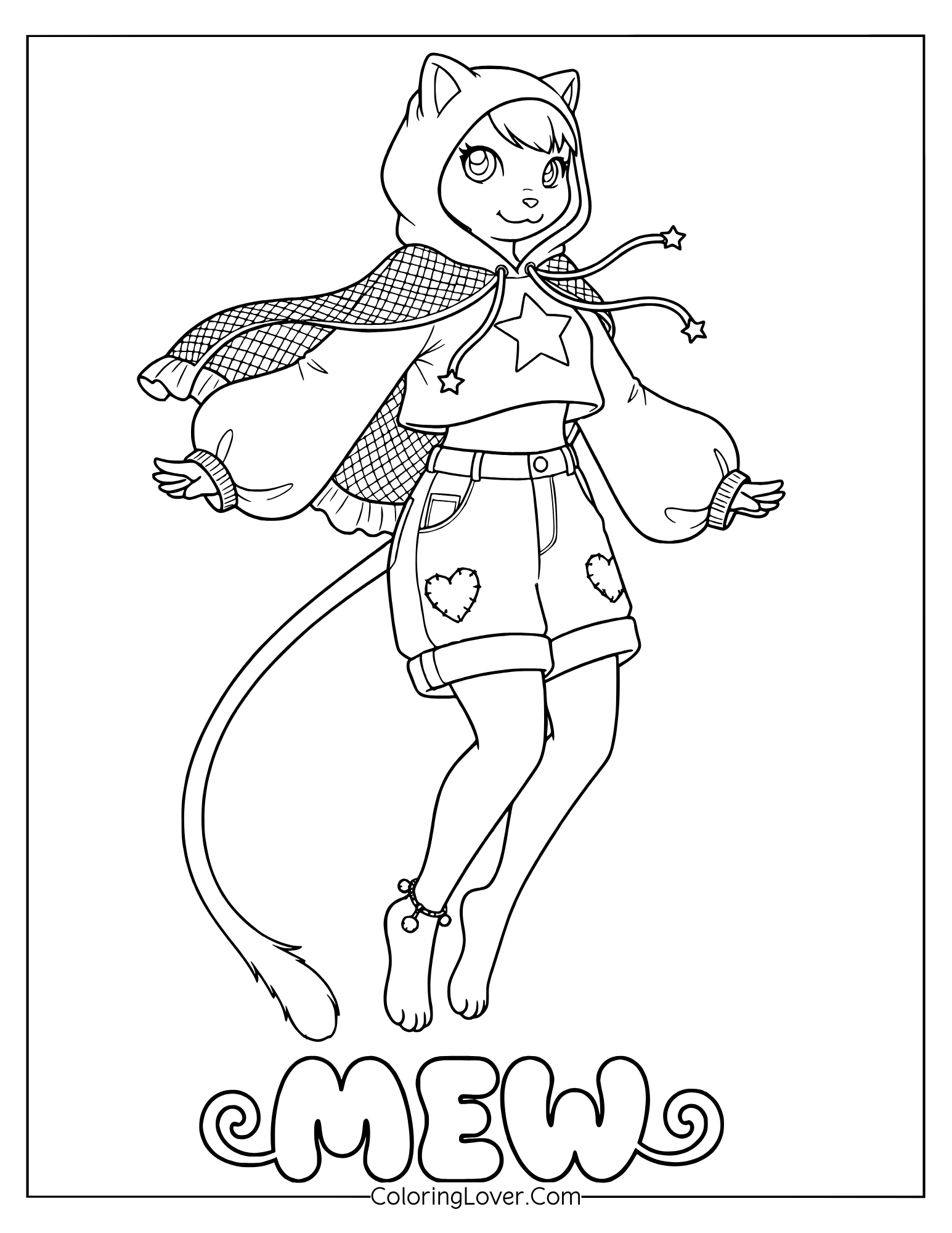 Mew floating with magical outfit and heart-themed cape in a coloring page for adults