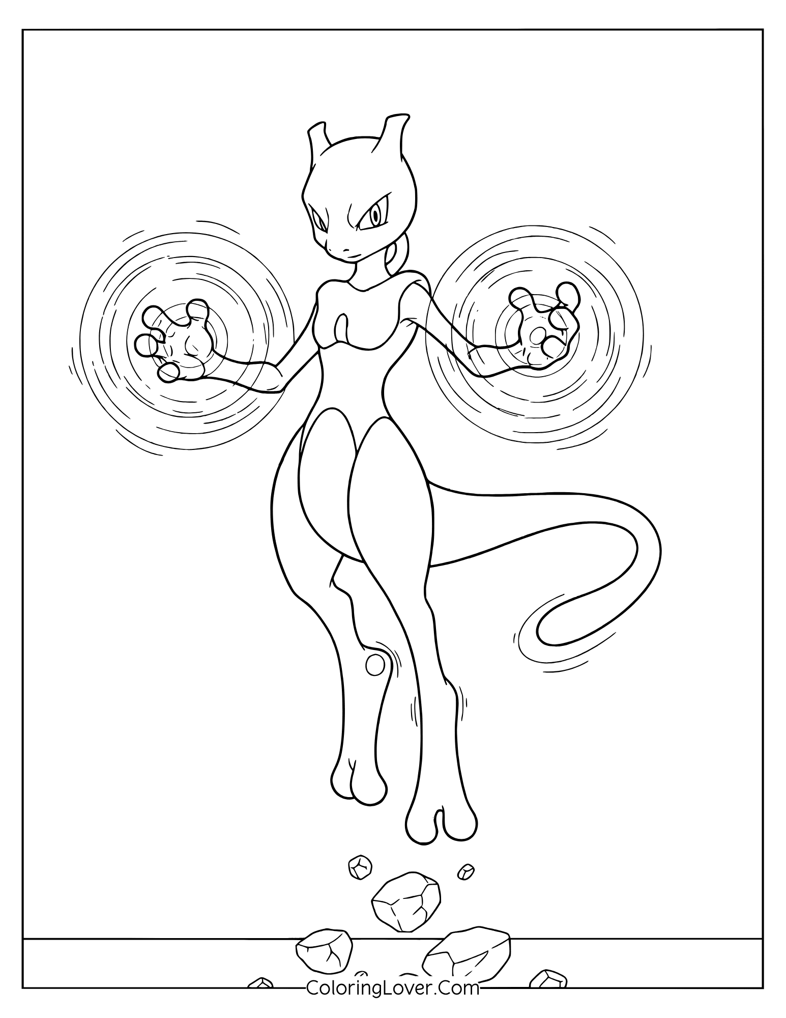 Mewtwo floating with glowing energy orbs in battle stance coloring page