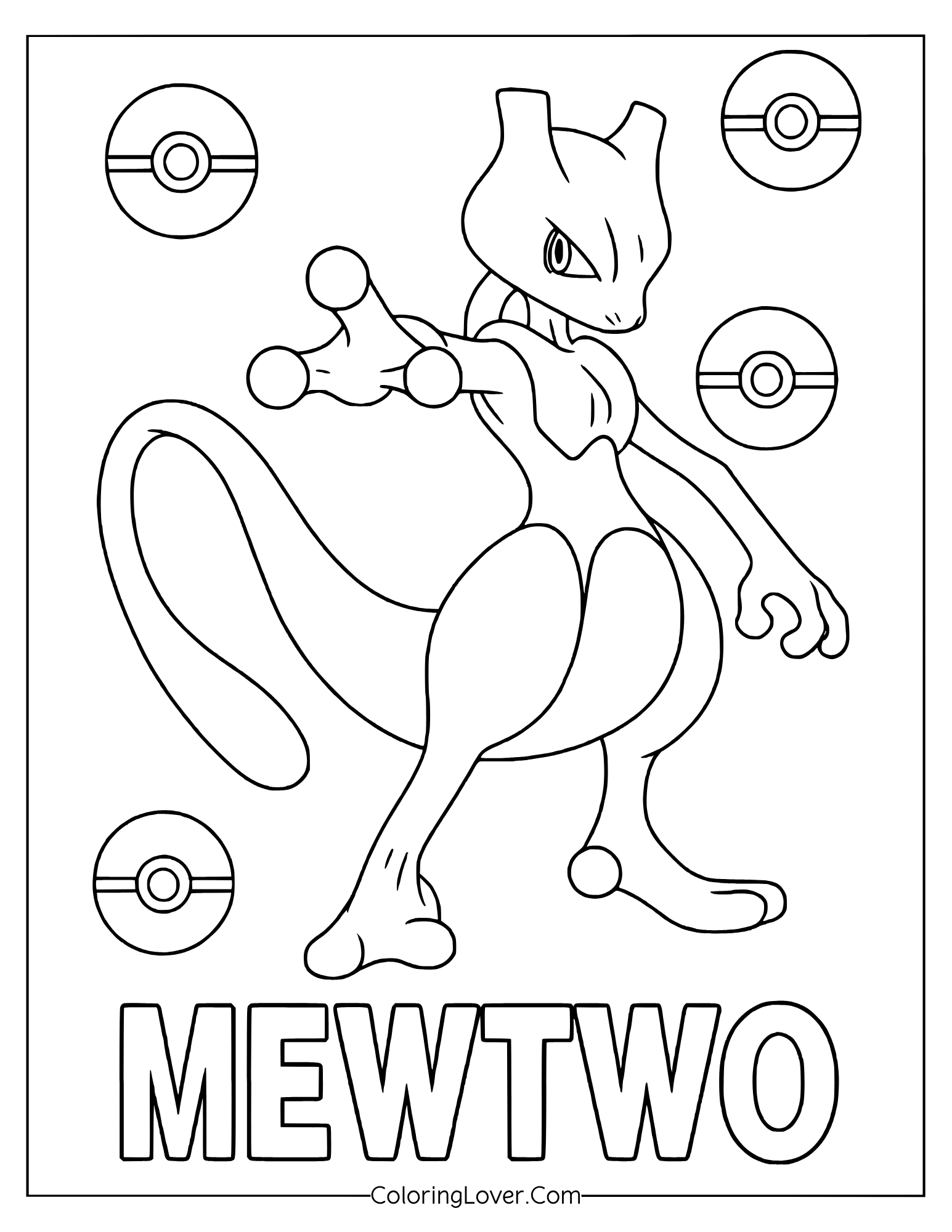 Pokemon coloring page featuring Mewtwo in serious pose surrounded by multiple Poké Balls
