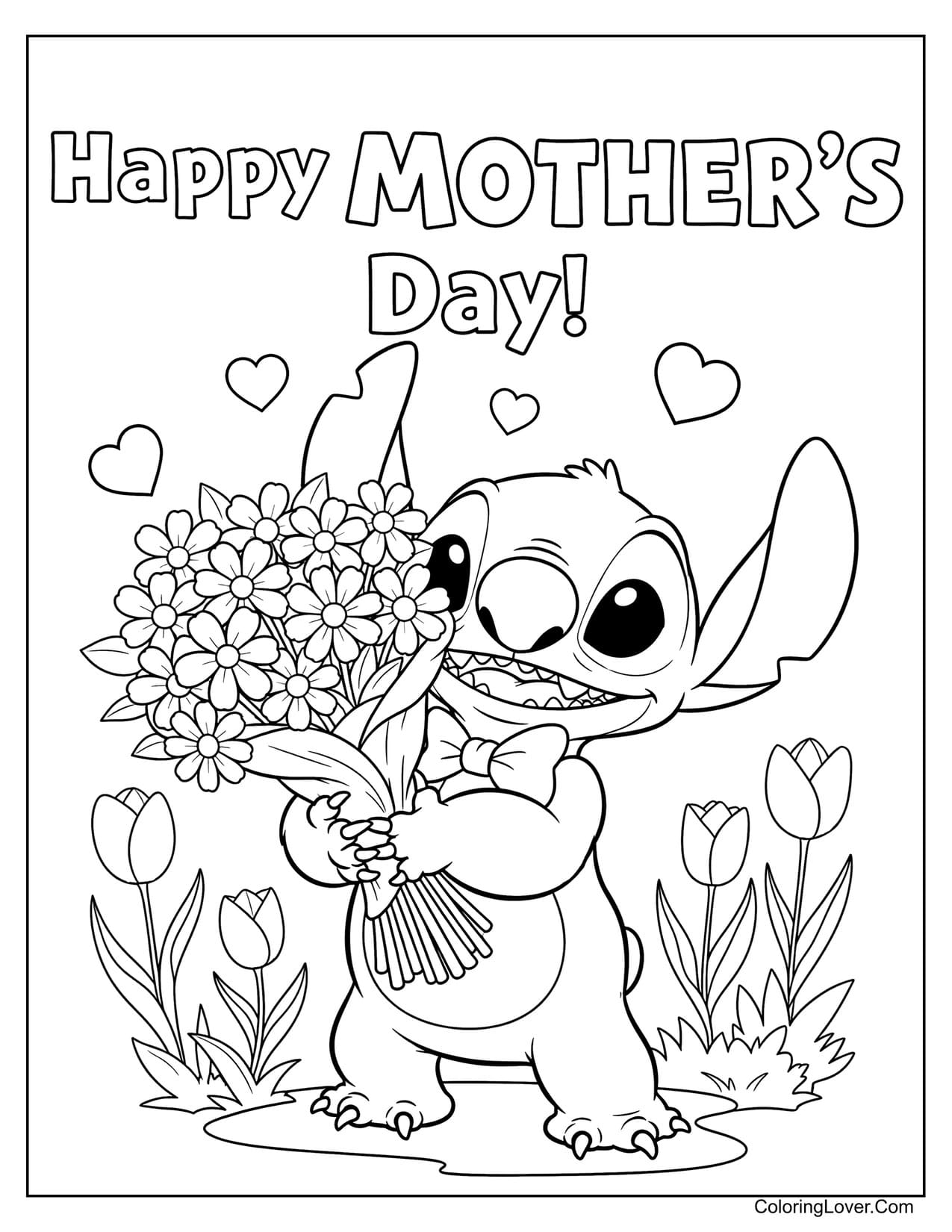 Mother’s Day coloring page featuring Stitch holding bouquet and tulips
