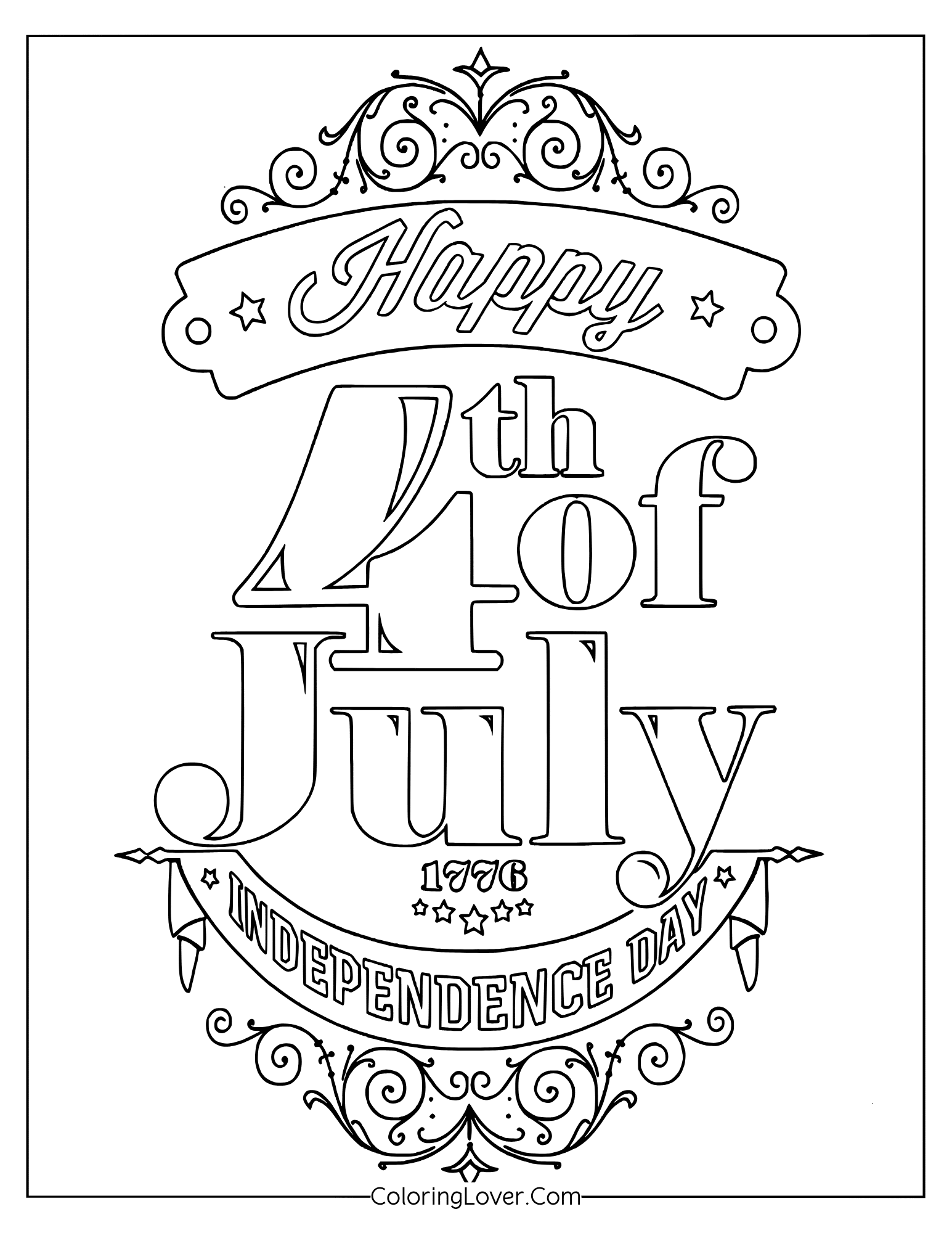 4th of July coloring page showing decorative vintage style with “1776” and banner text.