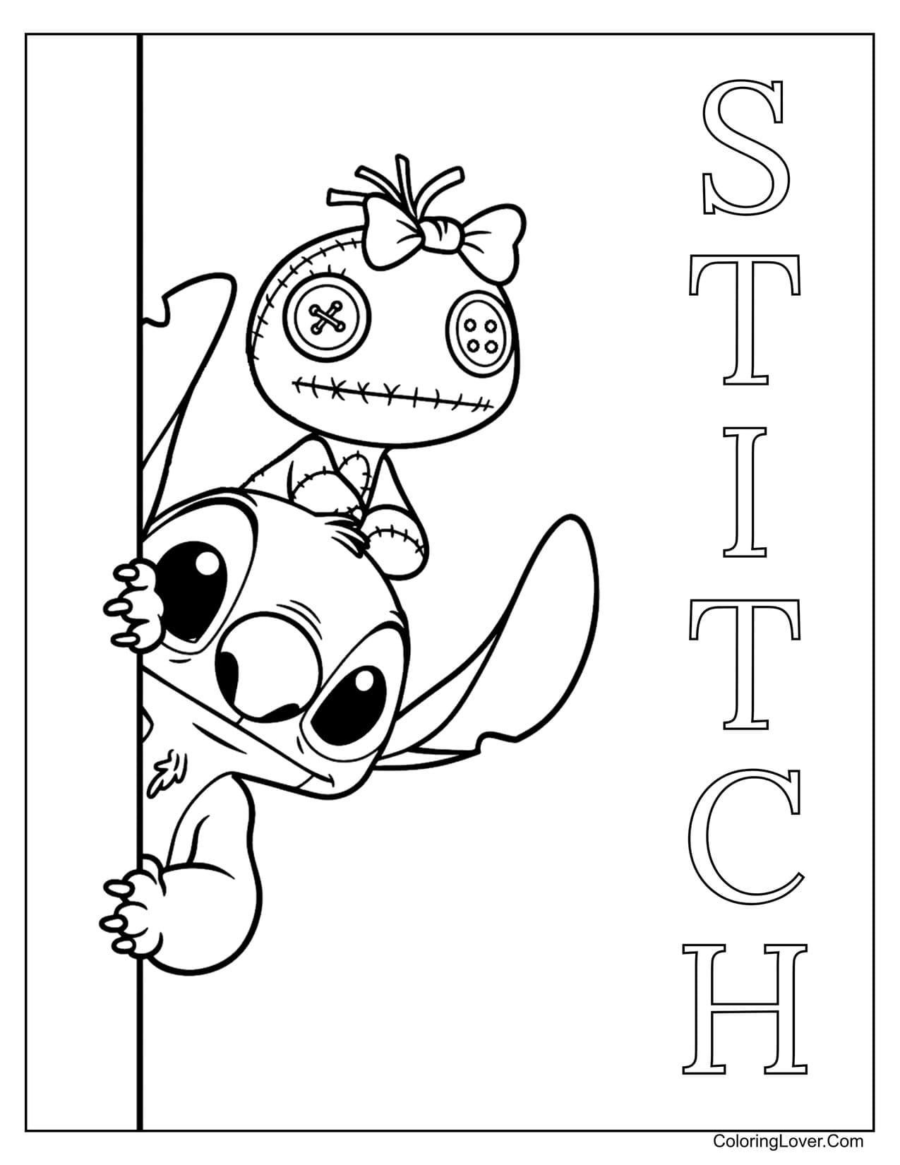 Peekaboo Stitch holding a doll for kids coloring page