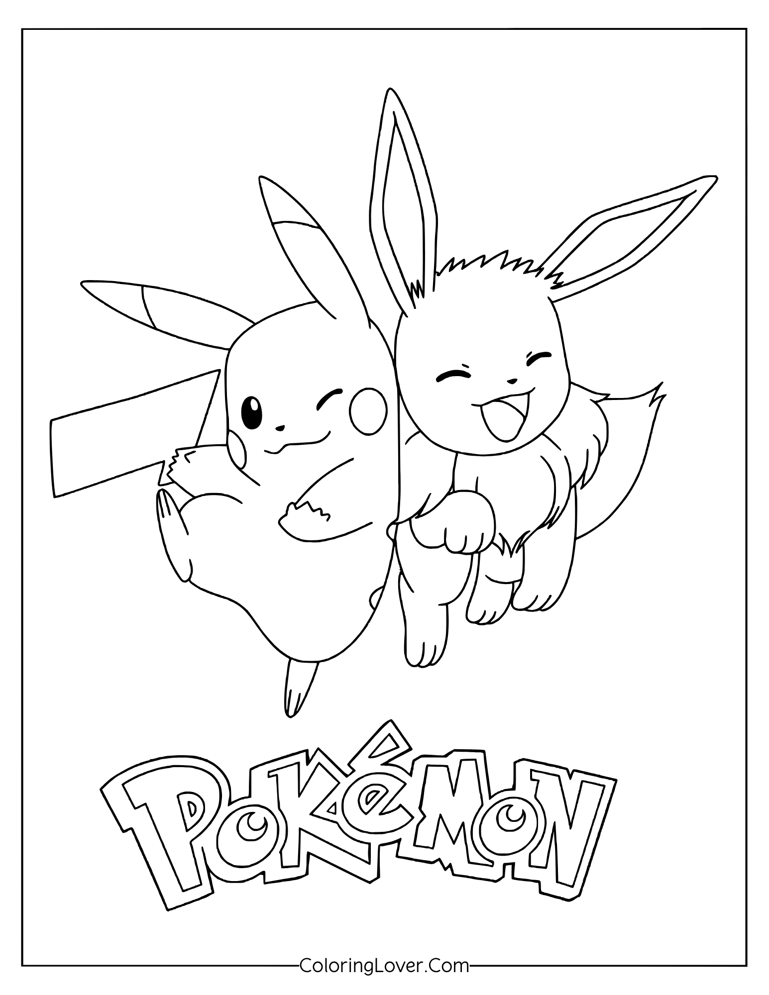Pokemon coloring page featuring Pikachu and Eevee laughing and playing together joyfully