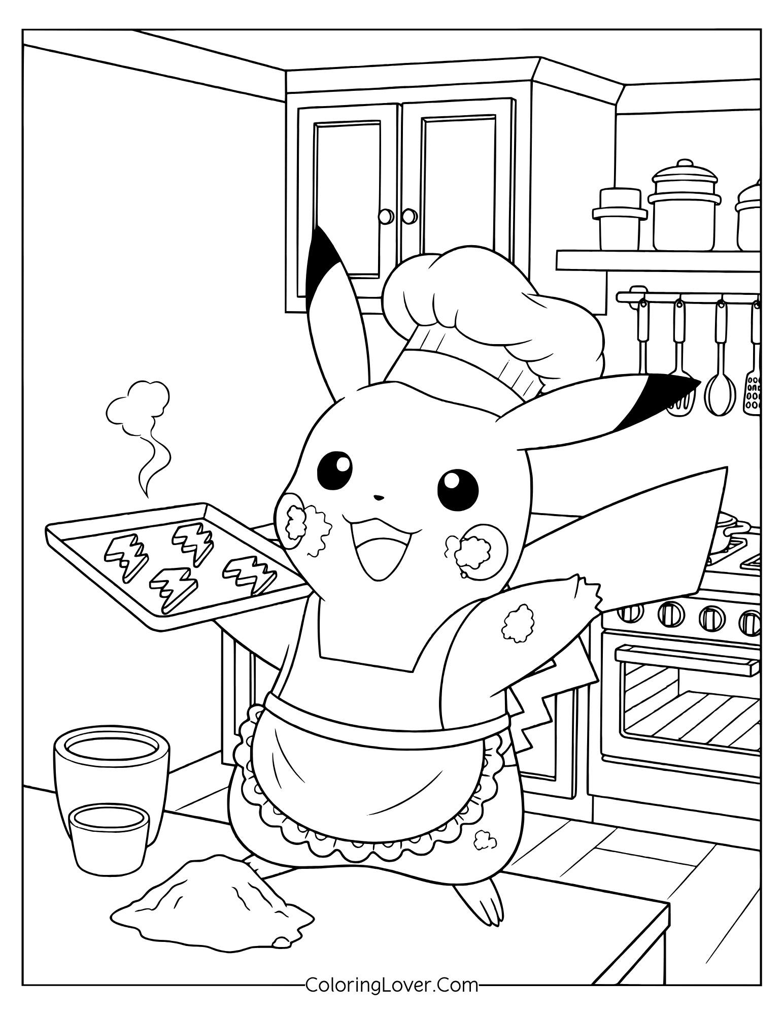 Pikachu baking cookies in kitchen wearing apron and chef hat coloring page