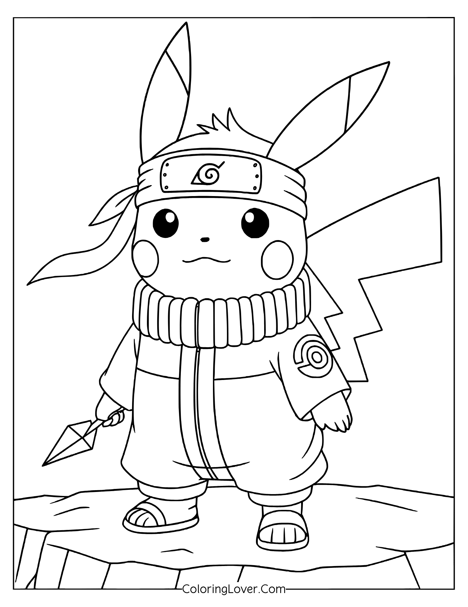 Pikachu dressed as ninja warrior with headband and scarf coloring page