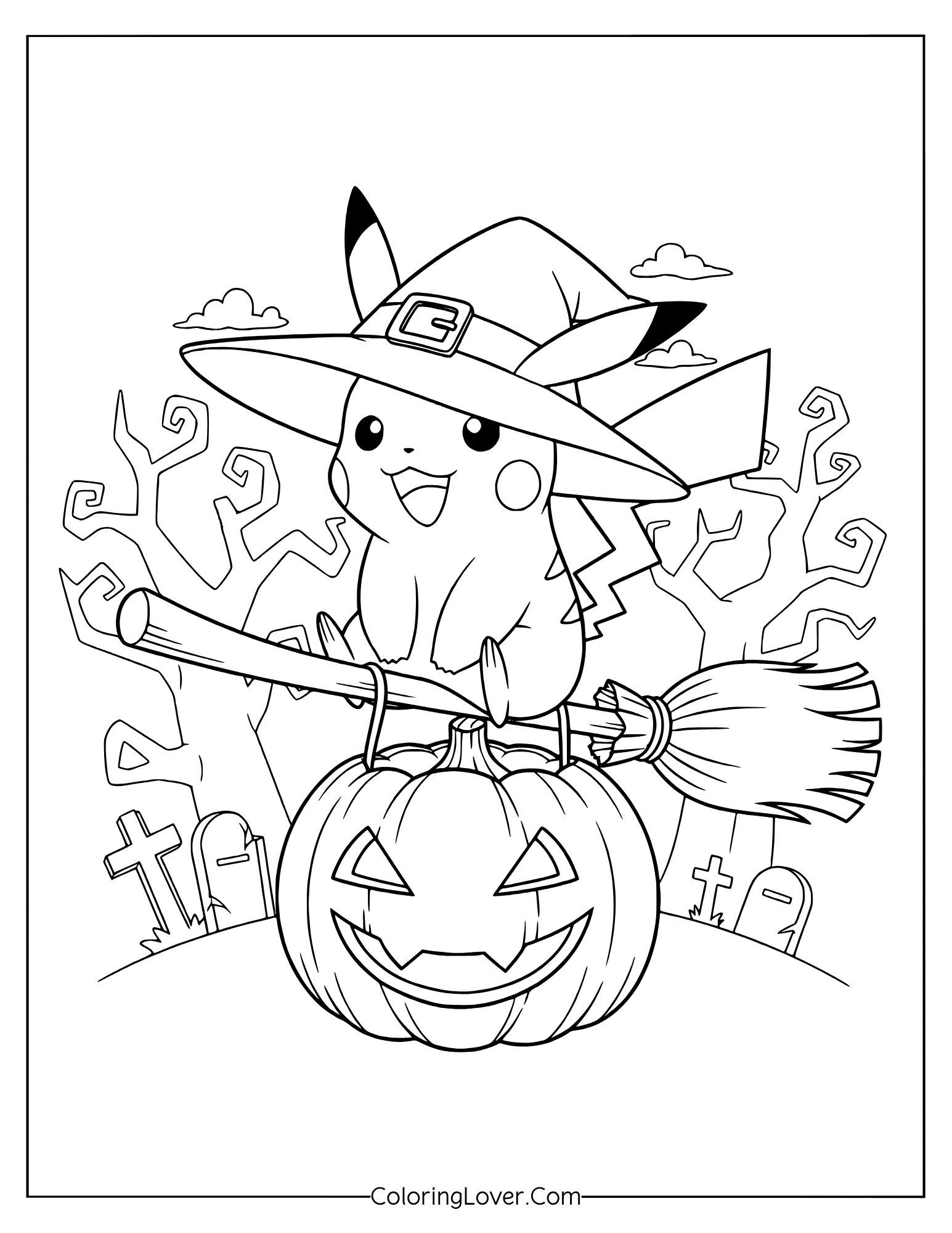 Pikachu in witch costume flying on broomstick over Halloween pumpkin coloring page