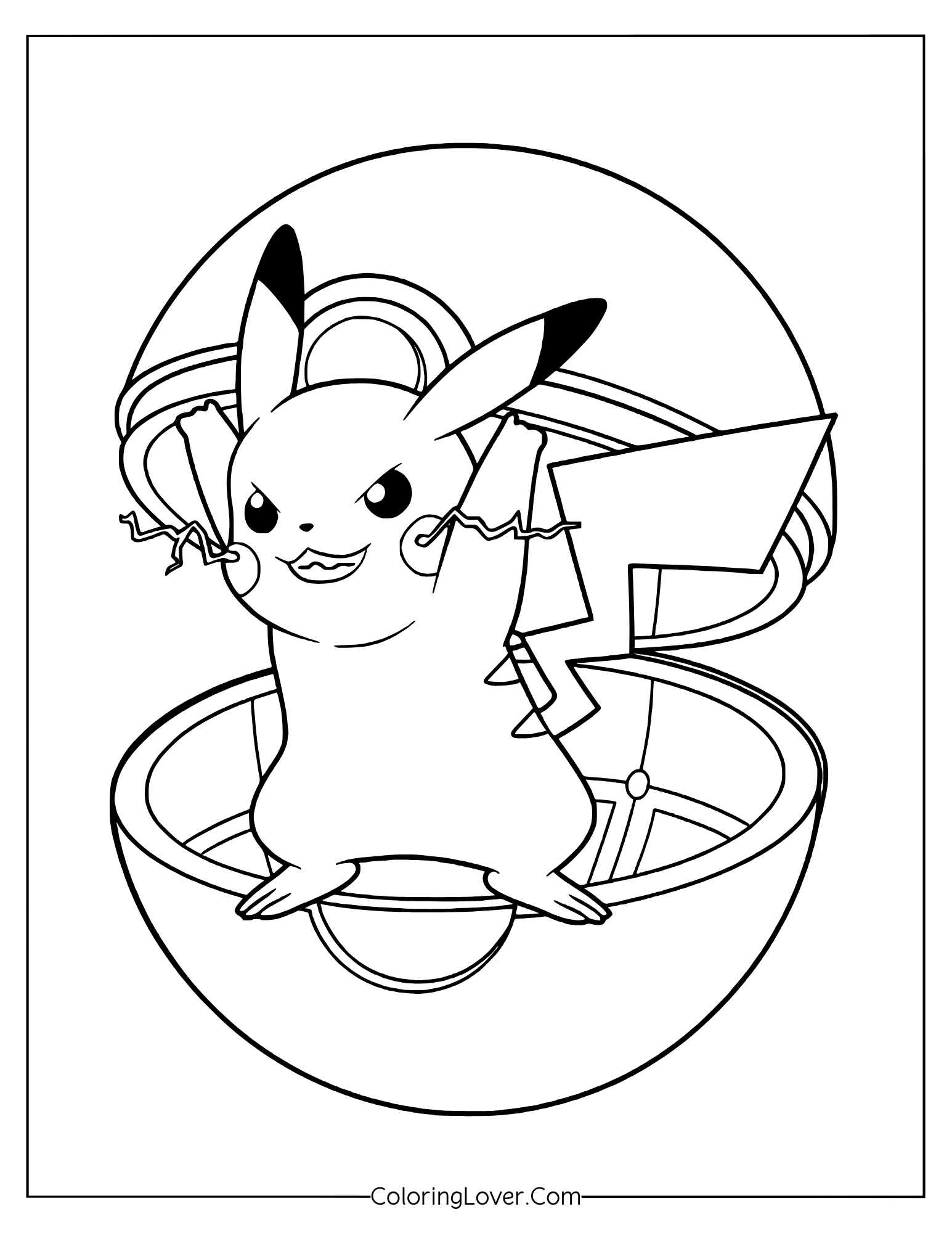 Pikachu jumping out of Pokéball with cheerful expression coloring page