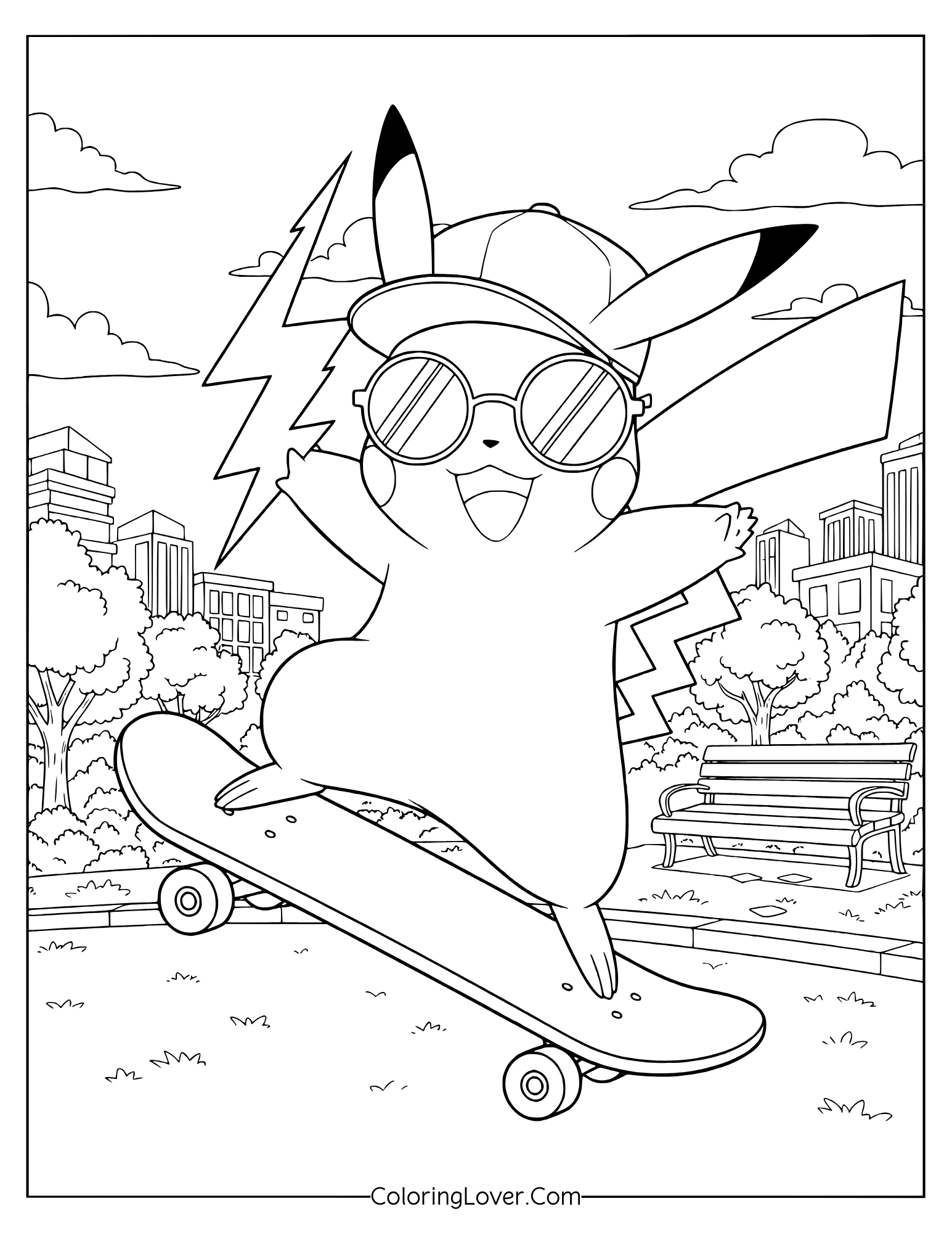 Pokemon coloring page featuring Pikachu skateboarding in park wearing cap and sunglasses