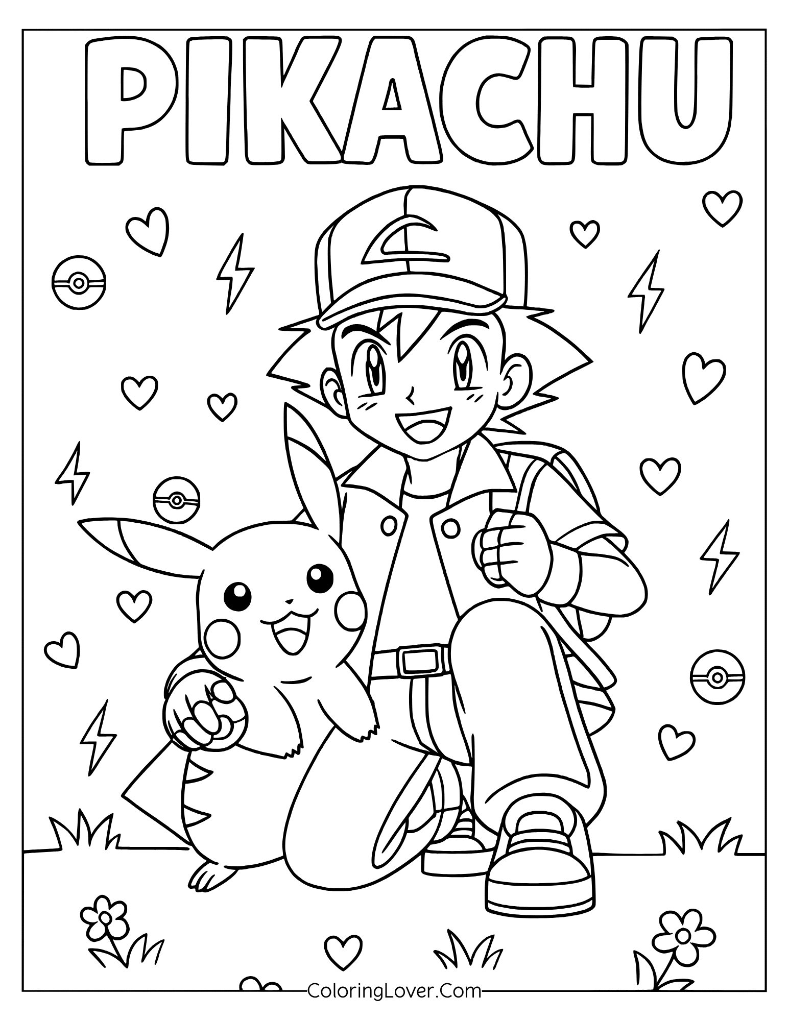 Pokemon coloring page featuring Pikachu and Ash sitting in flowers with lightning background