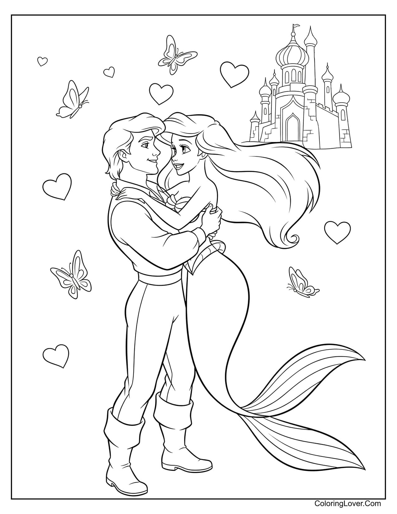 Prince Eric hugging Ariel in front of castle coloring page