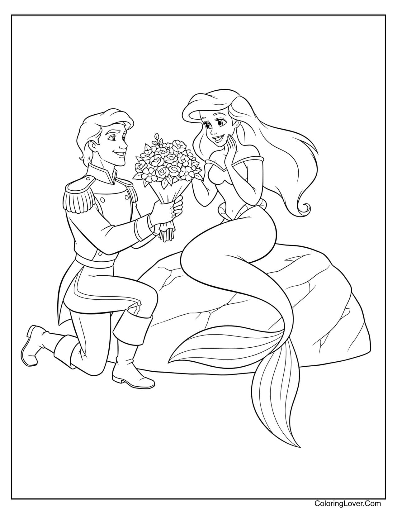 Prince Eric offering flowers to Ariel on seaside rock coloring page