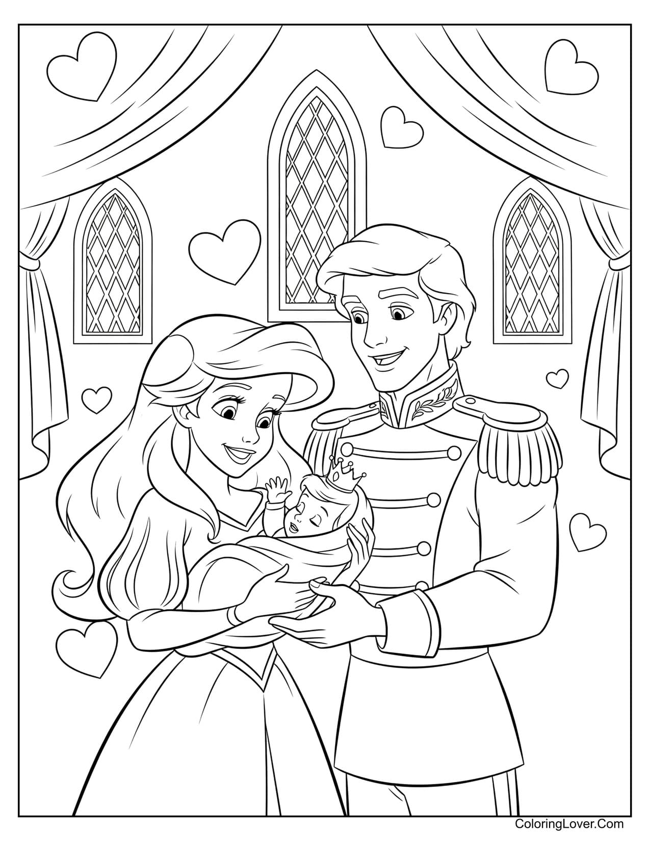 Princess Ariel and Prince Eric cradling baby in castle hall coloring page