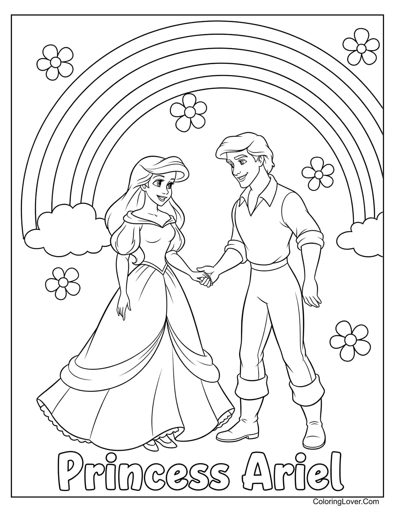 Princess Ariel and Prince Eric holding hands under rainbow coloring page