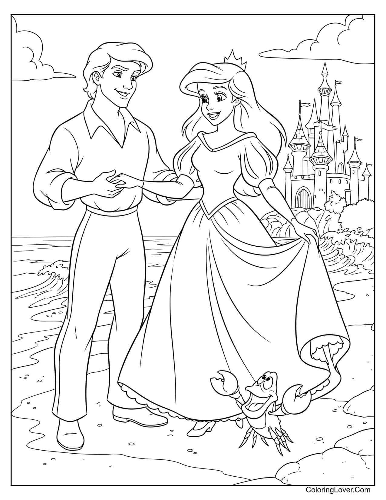 Princess Ariel and Prince Eric walking on beach with Sebastian coloring page