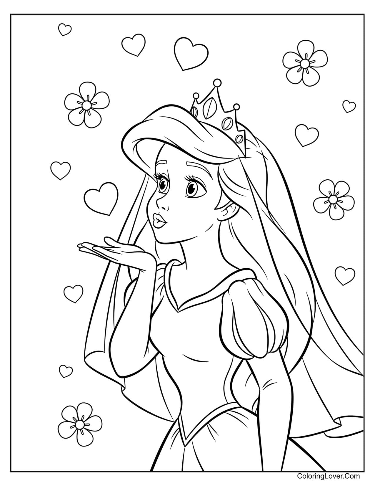 Princess Ariel blowing a kiss surrounded by hearts coloring page