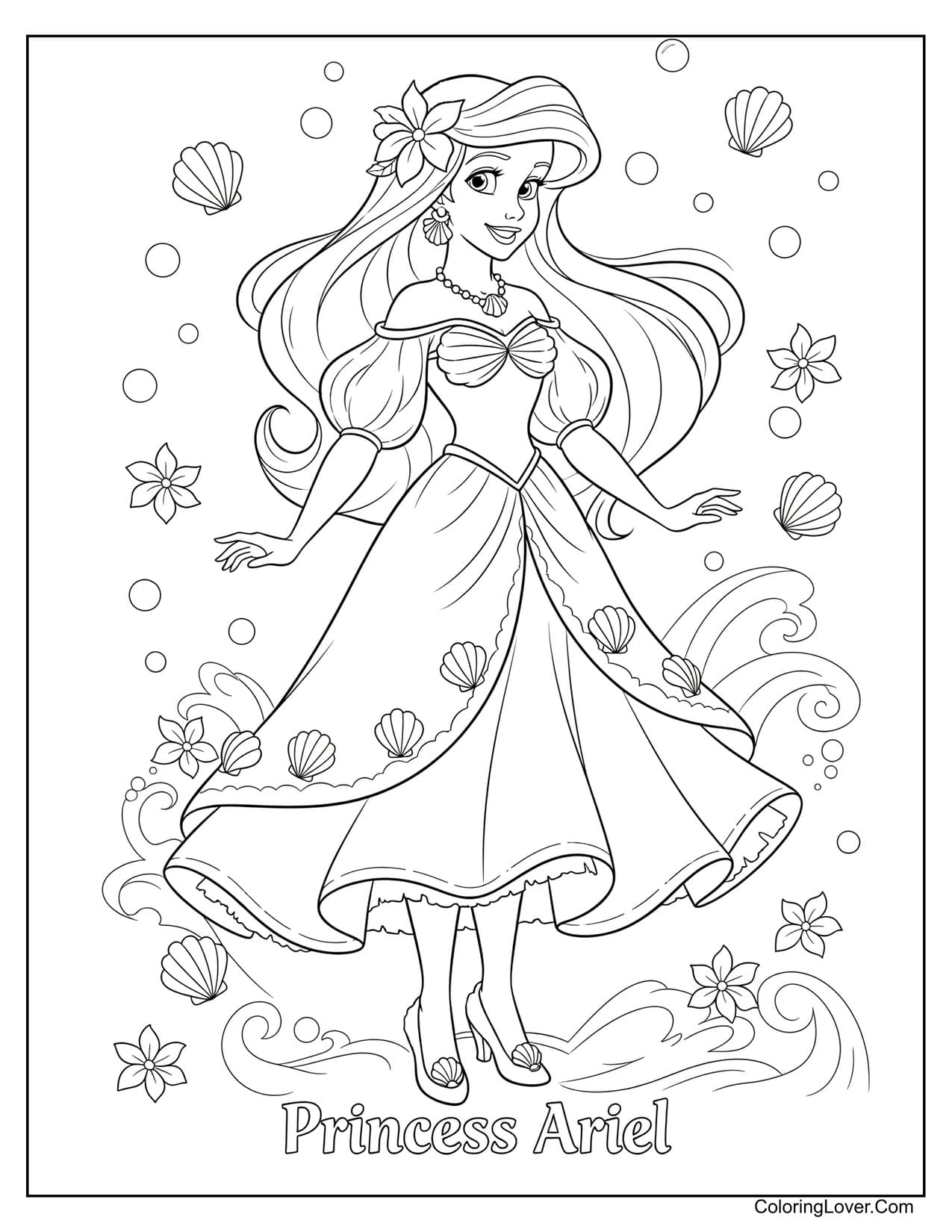 Princess Ariel dancing among seashells and flowers coloring page