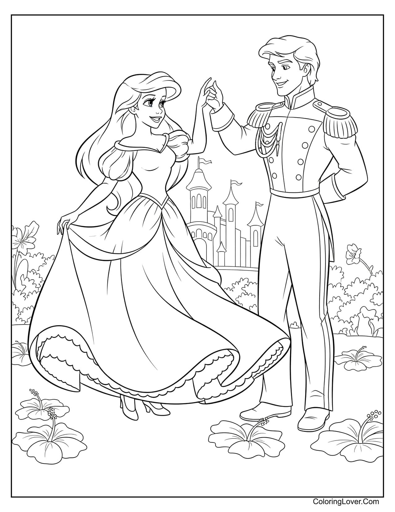 Princess Ariel dancing with Prince Eric in castle garden coloring page