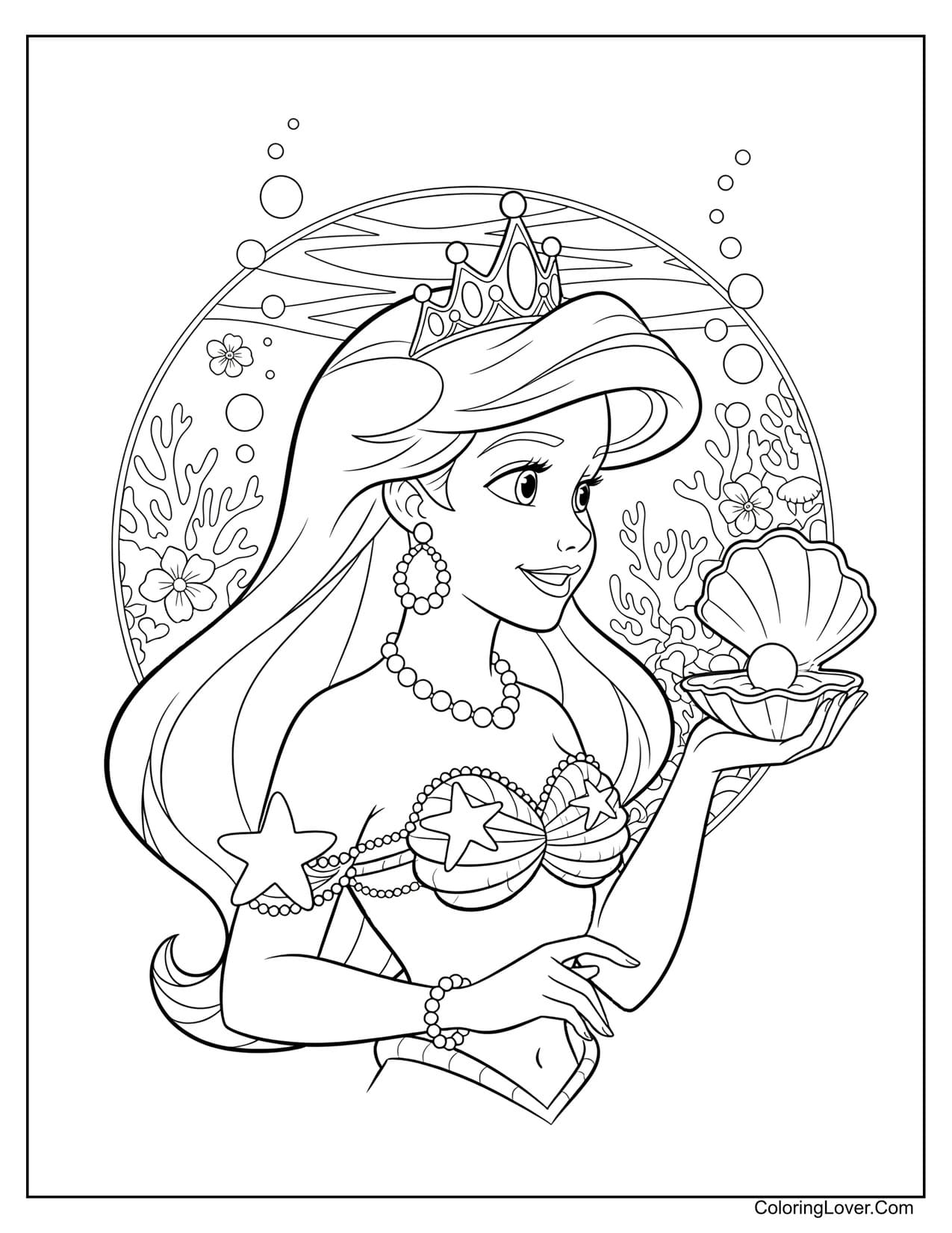 Princess Ariel holding seashell among ocean treasures coloring page